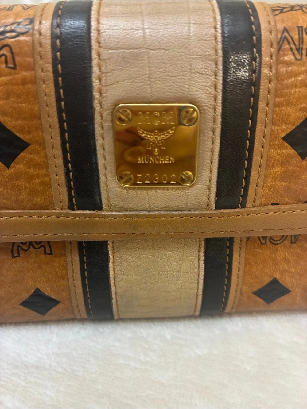 MCM Tan Cognac & Black Leather Visetos Trifold Wallet with Cream Stripe